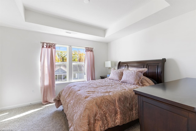 carpeted bedroom with a tray ceiling