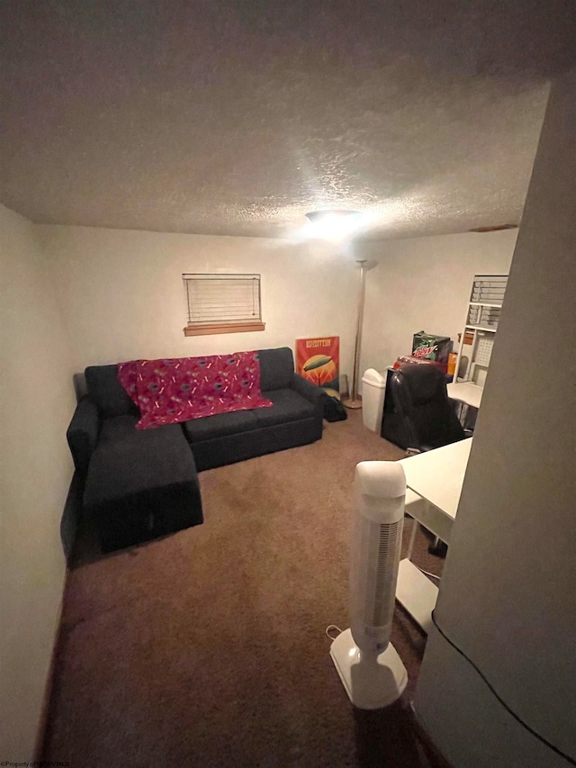 carpeted living room featuring a textured ceiling