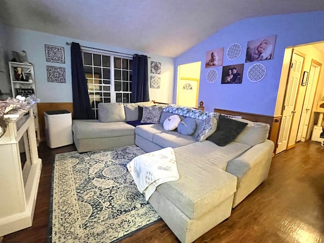 living room featuring lofted ceiling and dark wood-type flooring