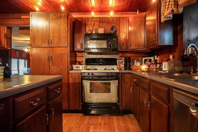 kitchen featuring stainless steel dishwasher, ceiling fan, white gas range oven, and wooden ceiling