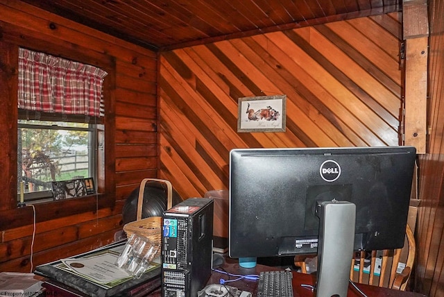 office space with wood ceiling and wooden walls