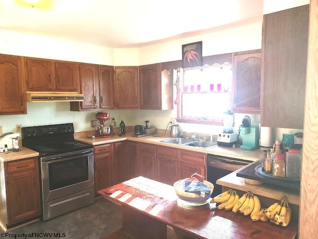 kitchen featuring sink, dishwasher, stainless steel electric range oven, and extractor fan