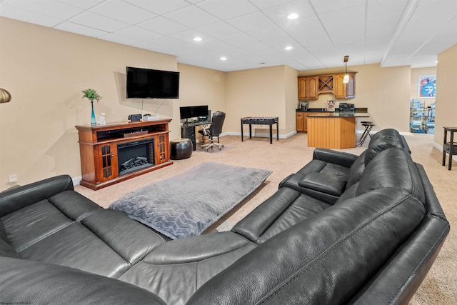 living room featuring light colored carpet