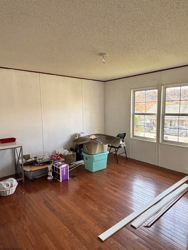 misc room featuring a textured ceiling and dark hardwood / wood-style floors