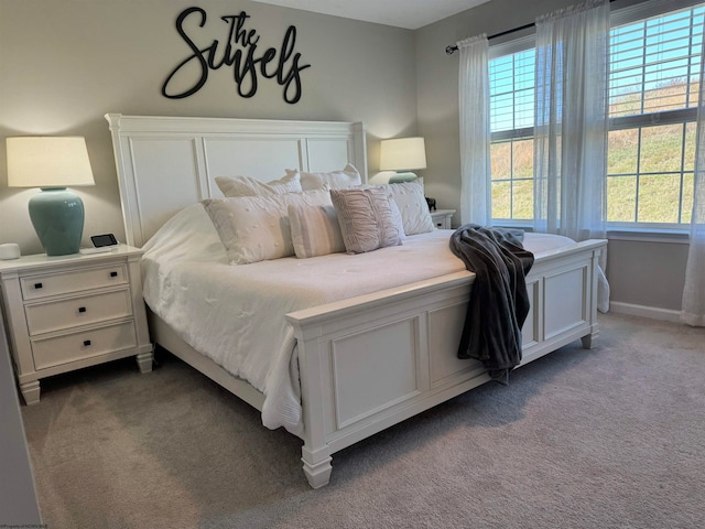 bedroom with dark colored carpet