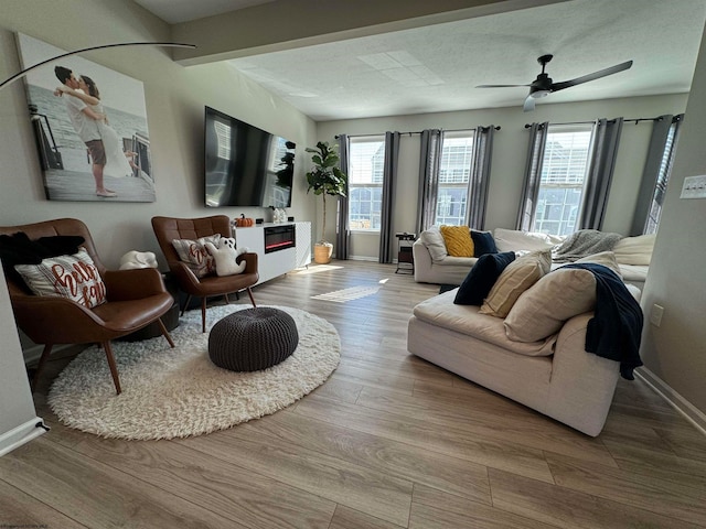 living room with light hardwood / wood-style floors and ceiling fan