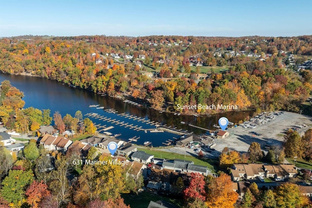 aerial view featuring a water view and a view of trees