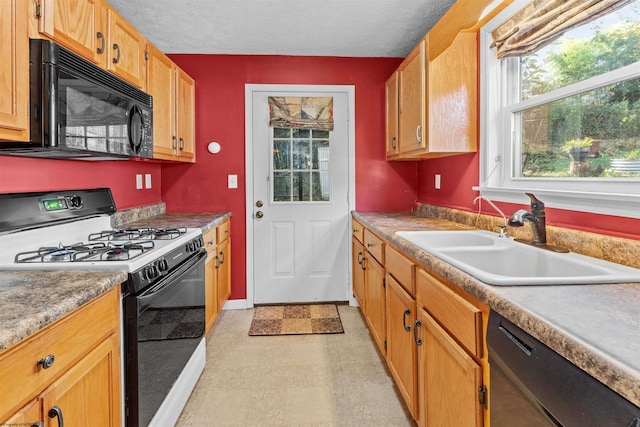 kitchen with dishwasher, a healthy amount of sunlight, sink, and white gas range oven