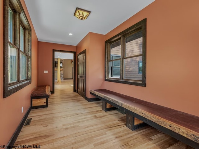 corridor with light hardwood / wood-style flooring and a healthy amount of sunlight