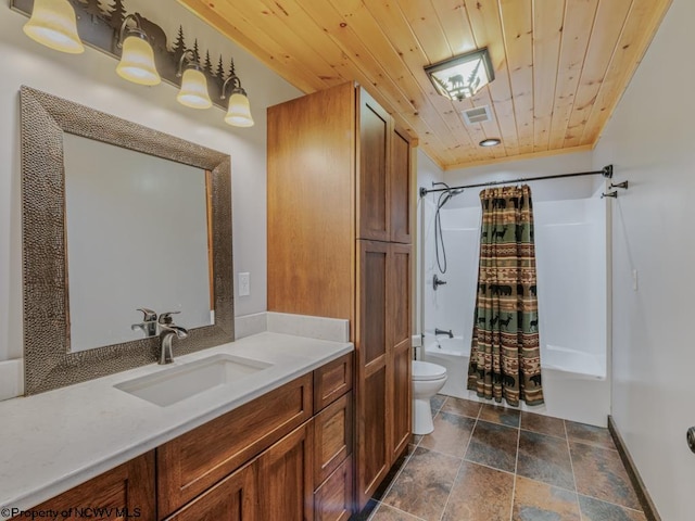 full bathroom with vanity, toilet, shower / tub combo, and wood ceiling