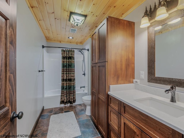 full bathroom featuring vanity, shower / tub combo, toilet, and wooden ceiling