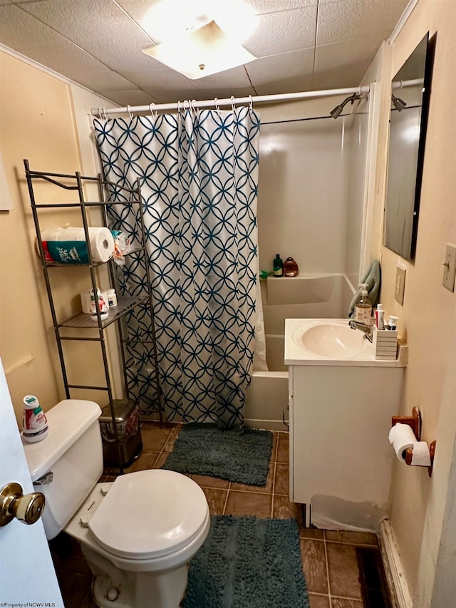 full bathroom featuring a textured ceiling, shower / bathtub combination with curtain, toilet, vanity, and tile patterned flooring