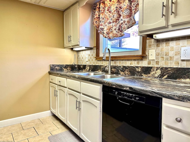 kitchen with dishwasher, sink, light tile patterned floors, white cabinets, and tasteful backsplash