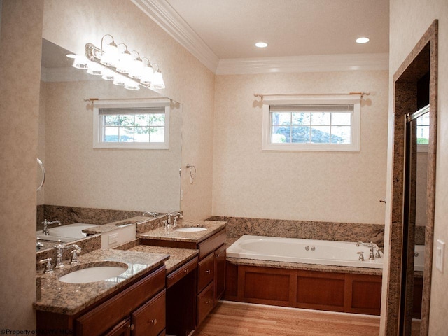 bathroom featuring vanity, hardwood / wood-style flooring, ornamental molding, and a washtub