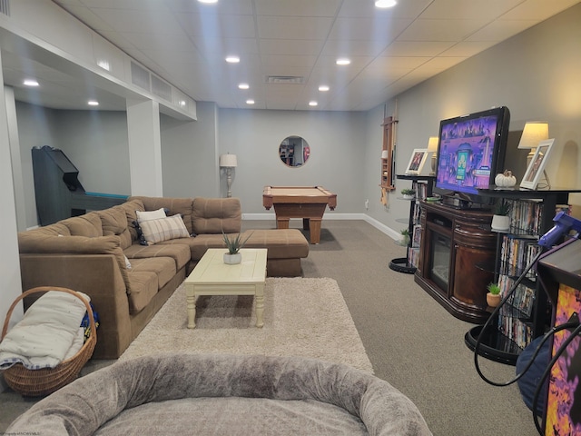 living room featuring a drop ceiling, carpet floors, and billiards