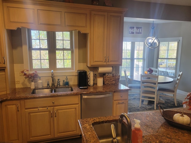 kitchen featuring a wealth of natural light, sink, dishwasher, and pendant lighting