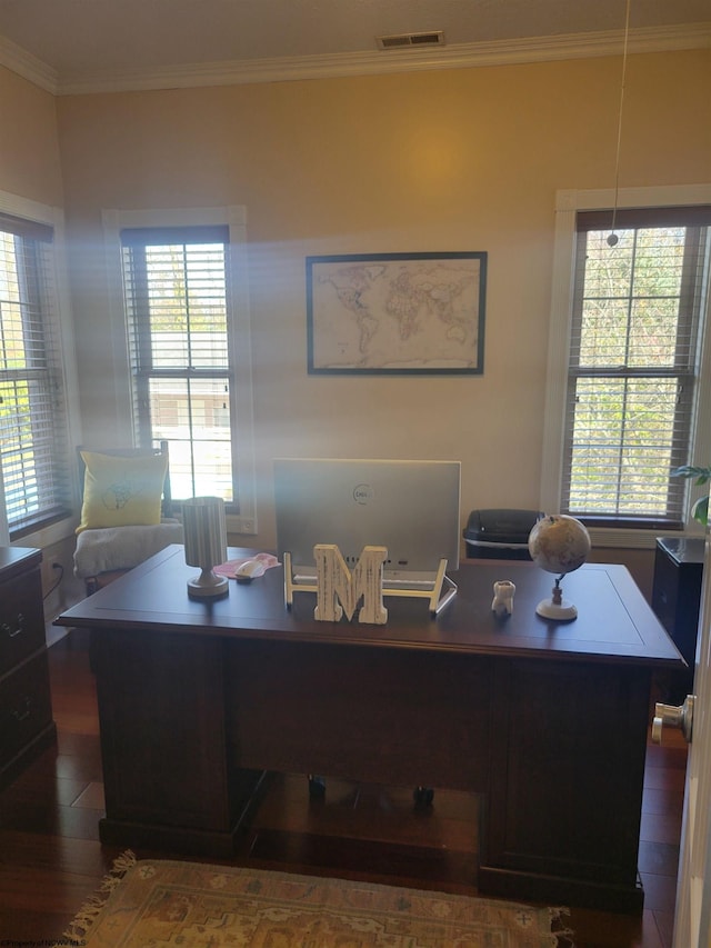 office featuring ornamental molding and dark hardwood / wood-style floors