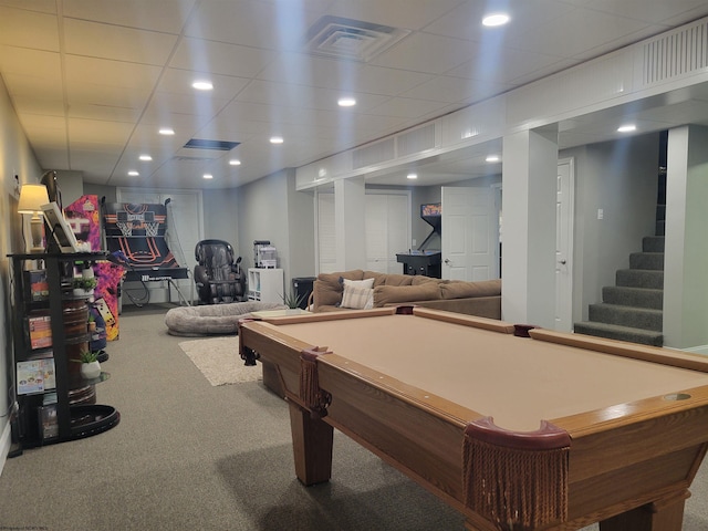 playroom featuring carpet flooring, billiards, and a paneled ceiling