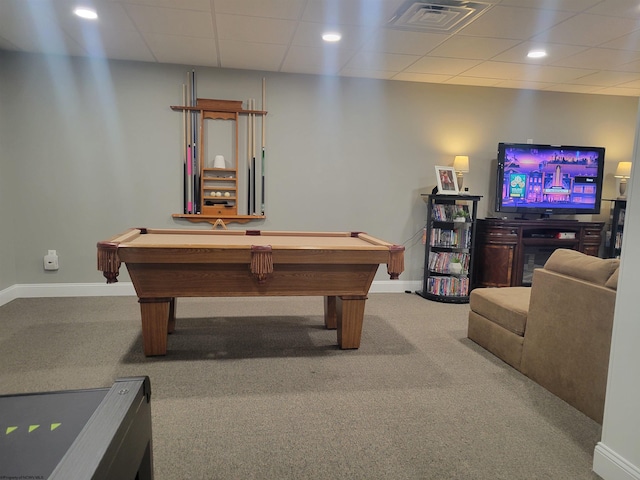 game room with a paneled ceiling, carpet, and billiards