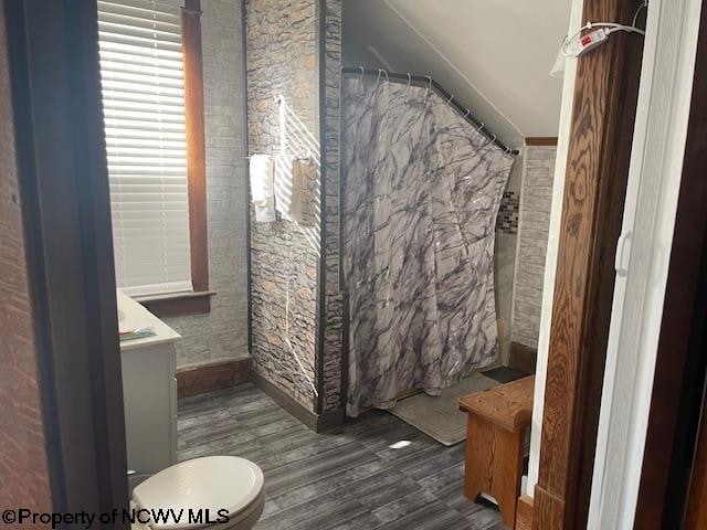 bathroom featuring vanity, a shower with curtain, hardwood / wood-style flooring, and toilet