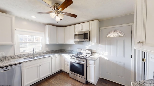 kitchen with dark hardwood / wood-style floors, stainless steel appliances, sink, light stone countertops, and white cabinetry