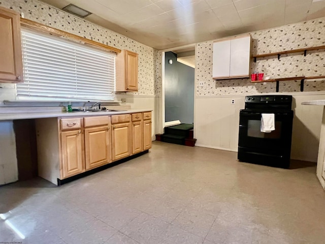 kitchen featuring sink, electric range, and light brown cabinets