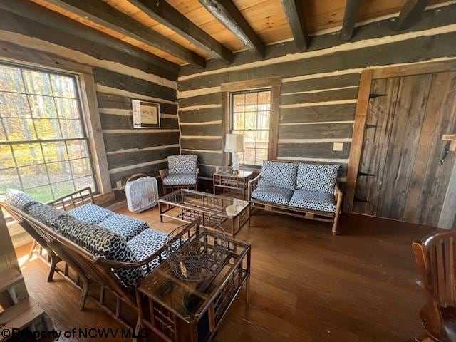 sitting room with beamed ceiling, wood ceiling, dark hardwood / wood-style floors, and a healthy amount of sunlight