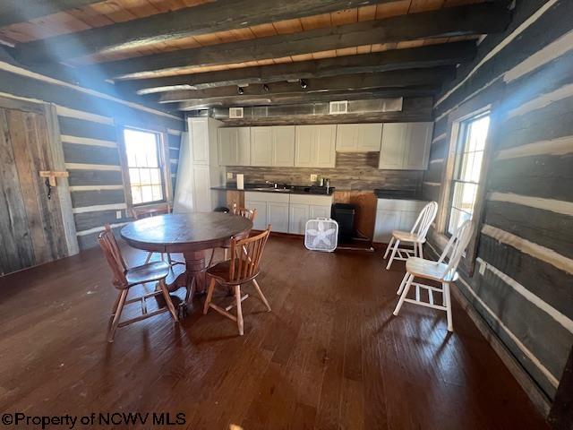 12275 Route 20 S Road, Rock Cave, WV 26234 - dining room with dark wood-style flooring, healthy amount of natural light, beam ceiling, and wood walls