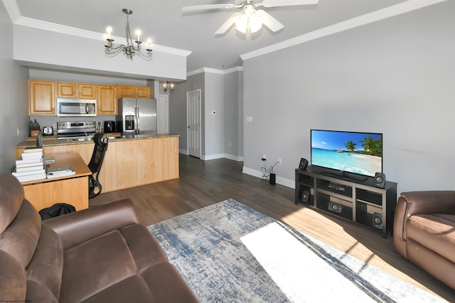 living room featuring crown molding, ceiling fan with notable chandelier, and dark hardwood / wood-style flooring