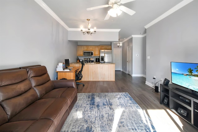 living room with ceiling fan with notable chandelier, crown molding, and dark hardwood / wood-style floors