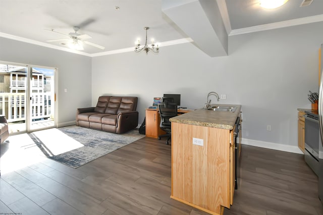 kitchen with ornamental molding, sink, dark hardwood / wood-style floors, and ceiling fan with notable chandelier