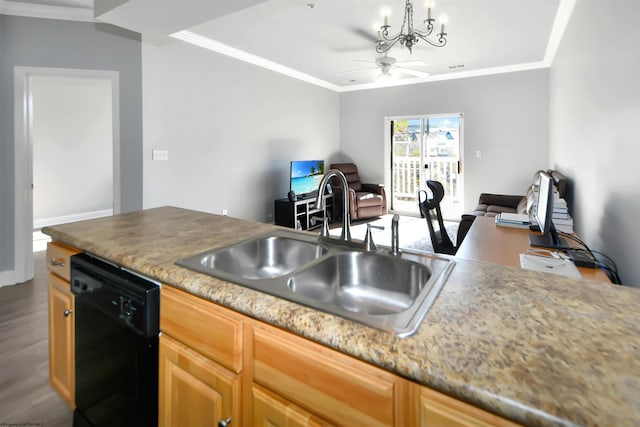 kitchen with sink, dishwasher, hardwood / wood-style flooring, and ornamental molding