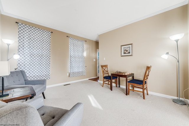 interior space with ornamental molding and carpet floors