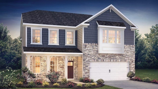 view of front facade featuring stone siding, driveway, roof with shingles, and an attached garage