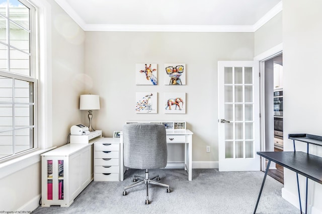 carpeted office space featuring crown molding and plenty of natural light