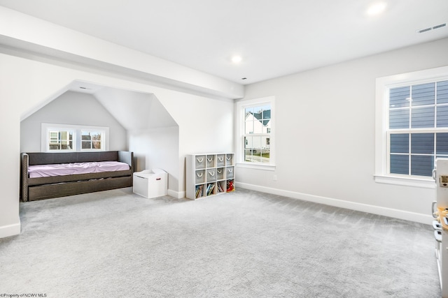 carpeted bedroom featuring lofted ceiling