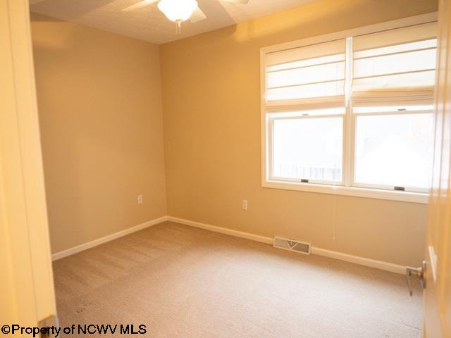 empty room featuring carpet flooring and ceiling fan