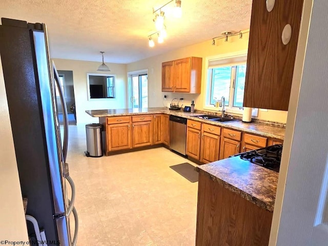 kitchen featuring a textured ceiling, a healthy amount of sunlight, sink, and appliances with stainless steel finishes