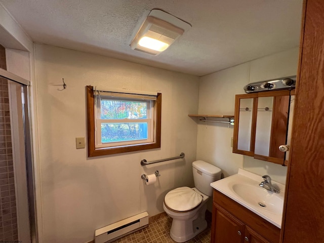 bathroom with toilet, baseboard heating, a shower, vanity, and a textured ceiling