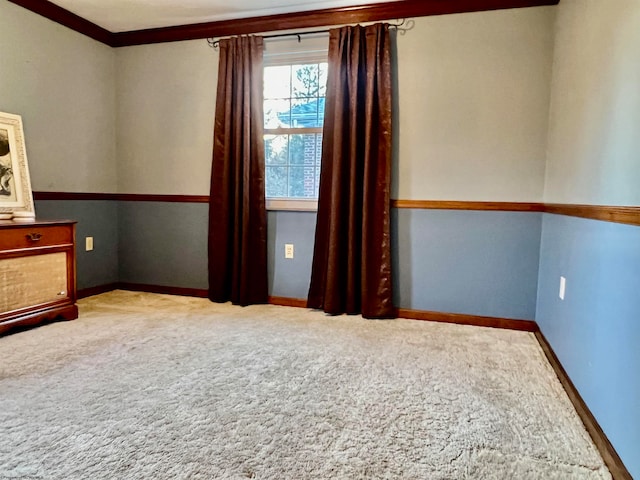 spare room with light carpet and crown molding