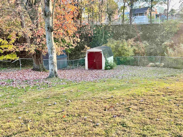 view of yard featuring a storage shed