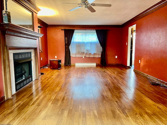 unfurnished living room with hardwood / wood-style flooring, crown molding, a baseboard radiator, a textured ceiling, and ceiling fan