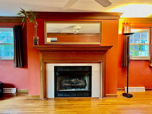 details with wood-type flooring and ceiling fan