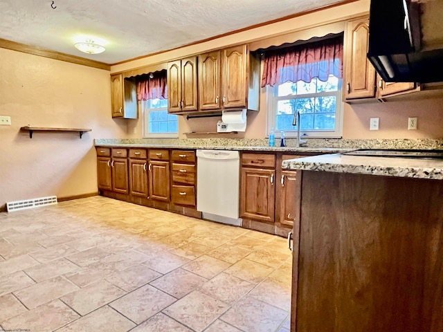 kitchen featuring range hood, dishwasher, plenty of natural light, and sink