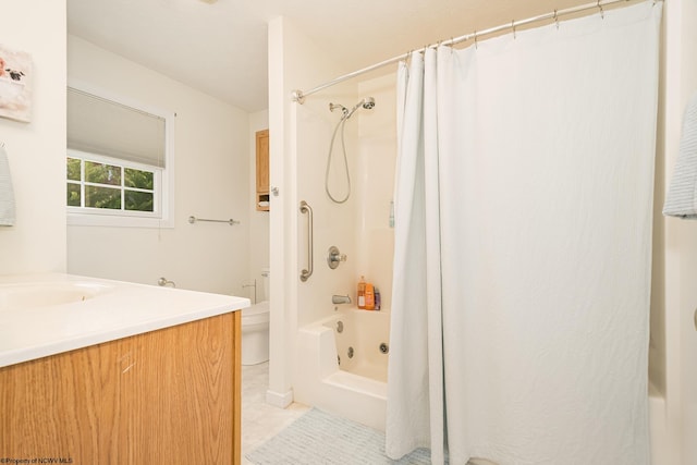 full bathroom with vanity, tile patterned floors, toilet, and shower / tub combo with curtain