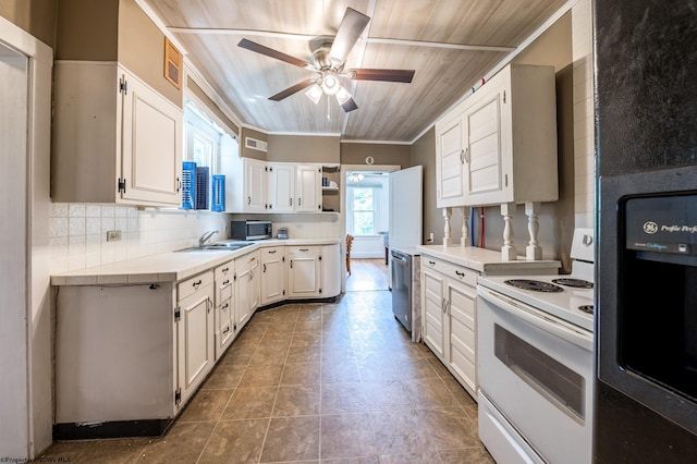 kitchen with wooden ceiling, white cabinetry, sink, ceiling fan, and electric range