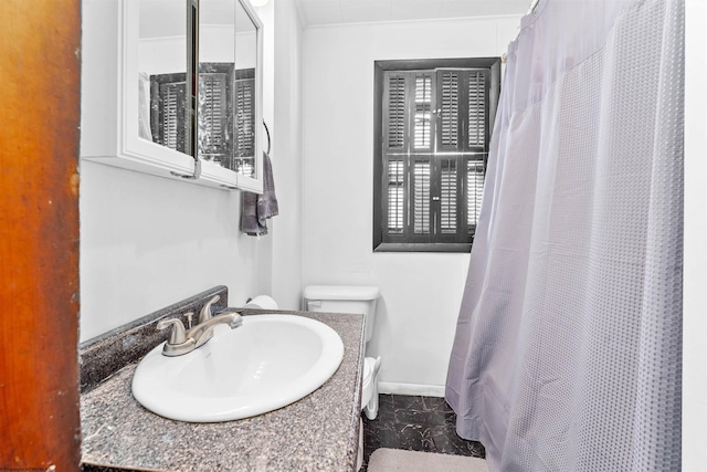 bathroom featuring toilet, vanity, and curtained shower