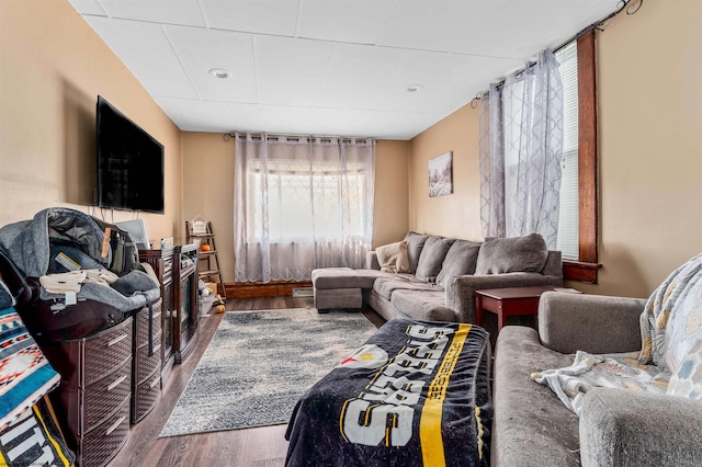 living room with dark hardwood / wood-style floors