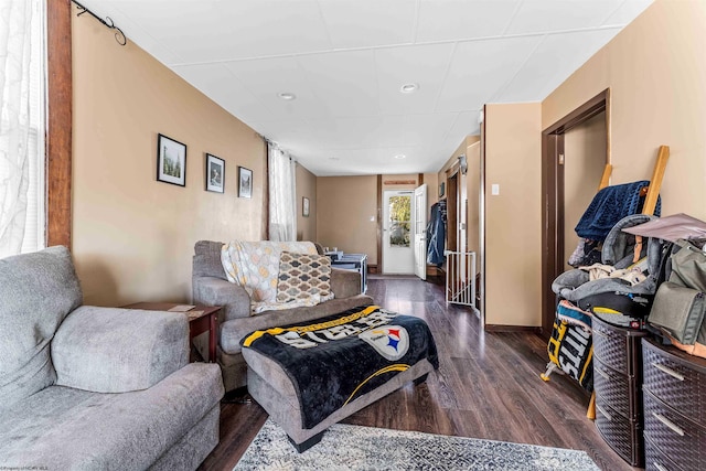 living room with dark hardwood / wood-style floors