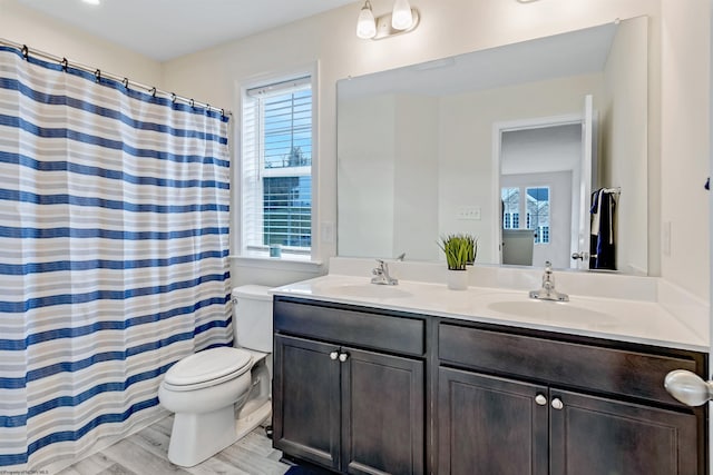 bathroom featuring curtained shower, wood-type flooring, toilet, and vanity